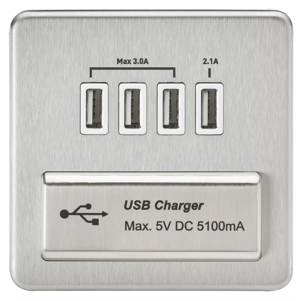 Knightsbridge SFQUADBCW 5.1A 4-Outlet Type A USB Socket Brushed Chrome With White Inserts