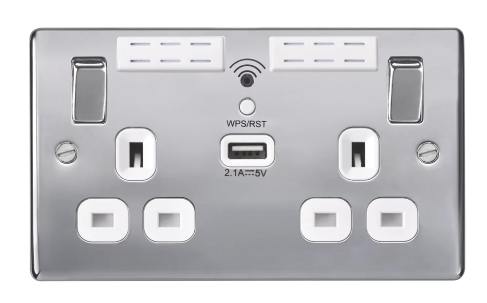 British General Nexus Metal 13A 2-Gang SP Switched Wi-Fi Extender Socket + 2.1A 1-Outlet Type A USB Charger Polished Chrome With White Inserts - Image 2