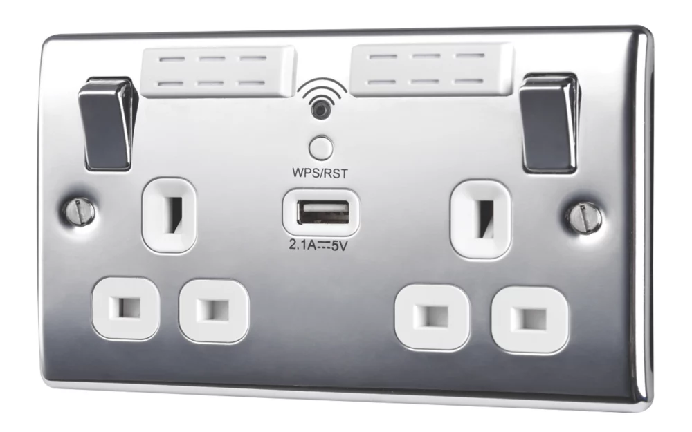 British General Nexus Metal 13A 2-Gang SP Switched Wi-Fi Extender Socket + 2.1A 1-Outlet Type A USB Charger Polished Chrome With White Inserts