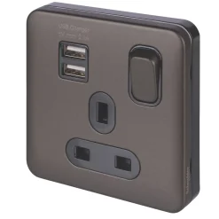 Schneider Electric Lisse Deco 13A 1-Gang SP Switched Socket + 2.1A 2-Outlet Type A USB Charger Mocha Bronze With Black Inserts