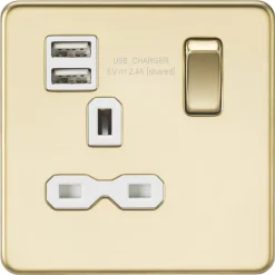 Knightsbridge SFR9124PBW 13A 1-Gang SP Switched Socket + 2.4A 2-Outlet Type A USB Charger Polished Brass With White Inserts
