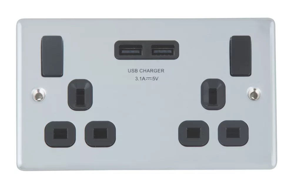 LAP 13A 2-Gang SP Switched Socket + 3.1A 2-Outlet Type A USB Charger Polished Chrome With Black Inserts - Image 2