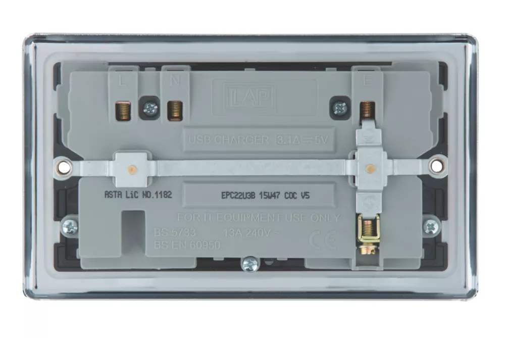 LAP 13A 2-Gang SP Switched Socket + 3.1A 2-Outlet Type A USB Charger Polished Chrome With Black Inserts - Image 3