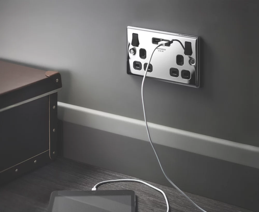 LAP 13A 2-Gang SP Switched Socket + 3.1A 2-Outlet Type A USB Charger Polished Chrome With Black Inserts - Image 5