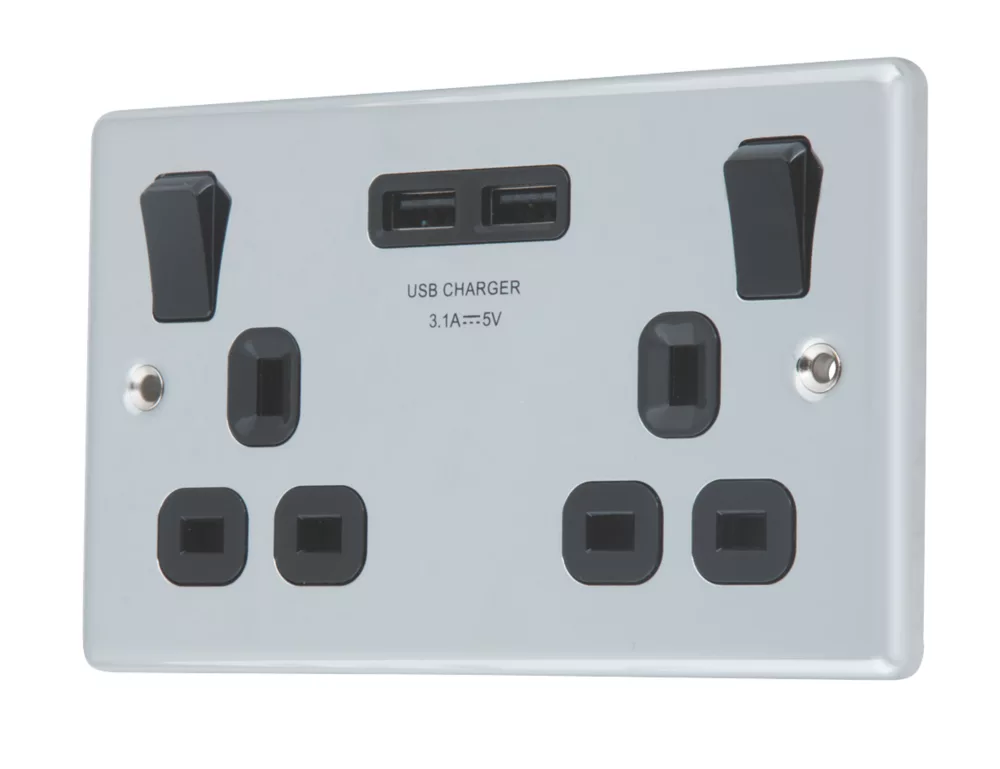 LAP 13A 2-Gang SP Switched Socket + 3.1A 2-Outlet Type A USB Charger Polished Chrome With Black Inserts