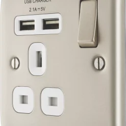 British General Nexus Metal 13A 1-Gang SP Switched Socket + 2.1A 2-Outlet Type A USB Charger Pearl Nickel With White Inserts