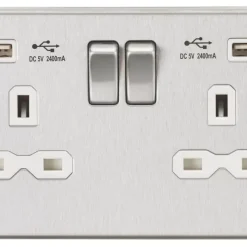 Knightsbridge CS9224BCW 13A 2-Gang SP Switched Socket + 2.4A 2-Outlet Type A USB Charger Brushed Chrome With White Inserts