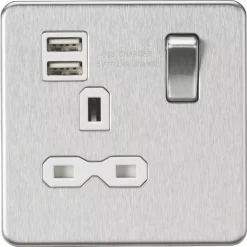 Knightsbridge SFR9124BCW 13A 1-Gang SP Switched Socket + 2.4A 2-Outlet Type A USB Charger Brushed Chrome With White Inserts
