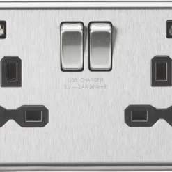 Knightsbridge CL9224BC 13A 2-Gang SP Switched Socket + 2.4A 2-Outlet Type A USB Charger Brushed Chrome With Black Inserts