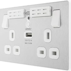 British General Evolve 13A 2-Gang SP Switched Double Socket With WiFi Extender + 2.1A 1-Outlet Type A USB Charger Brushed Steel With White Inserts
