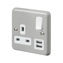 MK Contoura 13A 1-Gang DP Switched Socket + 2A 2-Outlet Type A USB Charger Grey With White Inserts