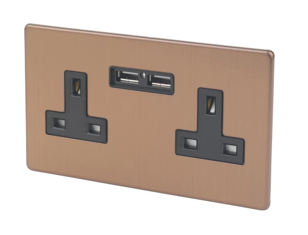 Varilight 13AX 2-Gang Unswitched Socket + 2.1A 2-Outlet Type A USB Charger Brushed Bronze With Black Inserts