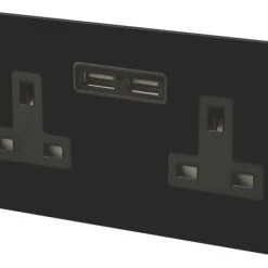 Varilight 13AX 2-Gang Unswitched Socket + 2.1A 2-Outlet Type A USB Charger Jet Black With Black Inserts