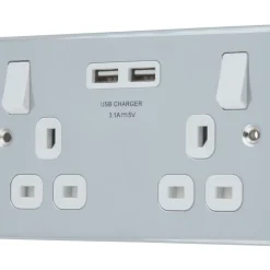 LAP 13A 2-Gang SP Switched Socket + 3.1A 2-Outlet Type A USB Charger Polished Chrome With White Inserts