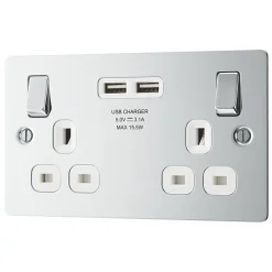 LAP 13A 2-Gang SP Switched Socket + 3.1A 2-Outlet Type A USB Charger Polished Chrome With White Inserts