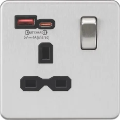 Knightsbridge SFR9919BC 13A 1-Gang SP Switched Socket + 4.0A 2-Outlet Type A & C USB Charger Brushed Chrome With Black Inserts