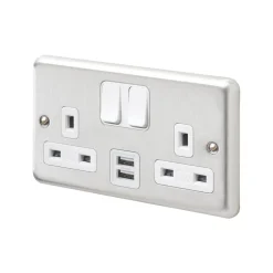 MK Contoura 13A 2-Gang DP Switched Socket + 2A 2-Outlet Type A USB Charger Brushed Stainless Steel With White Inserts