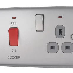 British General Nexus Metal 45A 2-Gang DP Cooker Switch & 13A DP Switched Socket Brushed Steel With LED With Graphite Inserts