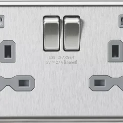 Knightsbridge CL9224BCG 13A 2-Gang SP Switched Socket + 2.4A 2-Outlet Type A USB Charger Brushed Chrome With Colour-Matched Inserts
