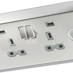 Knightsbridge SKR009A 13A 2-Gang SP Switched Socket + 2.4A 2-Outlet Type A USB Charger Stainless Steel With Colour-Matched Inserts