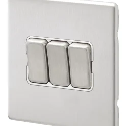 MK Aspect 10AX 3-Gang 2-Way Switch Brushed Stainless Steel With White Inserts