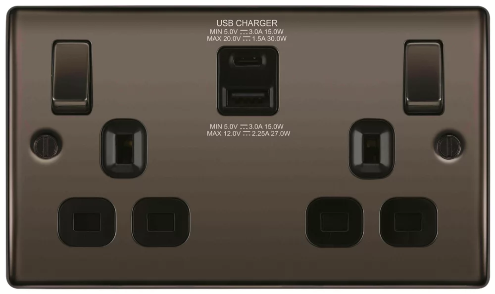 British General Nexus 13A 2-Gang SP Switched Socket + 3A 2-Outlet Type A & C USB Charger Black Nickel With Black Inserts