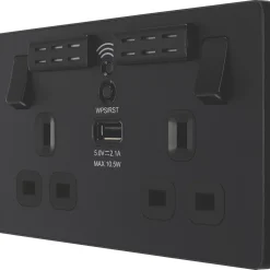 British General Evolve 13A 2-Gang SP Switched Double Socket With WiFi Extender + 2.1A 1-Outlet Type A USB Charger Matt Black With Black Inserts