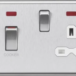 Knightsbridge CL83MNBCW 45 & 13A 2-Gang DP Cooker Switch & 13A DP Switched Socket Brushed Chrome With LED With White Inserts