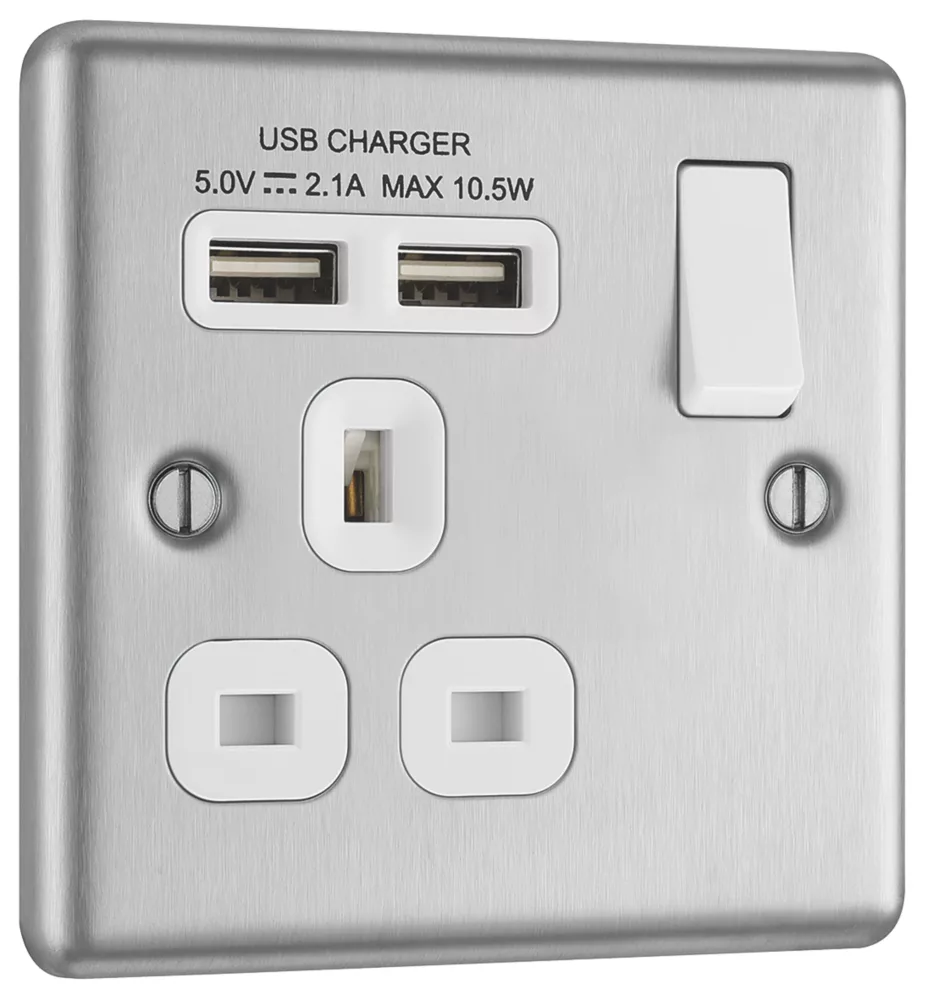 LAP 13A 1-Gang SP Switched Socket + 2.1A 2-Outlet Type A USB Charger Brushed Stainless Steel With White Inserts - Image 2