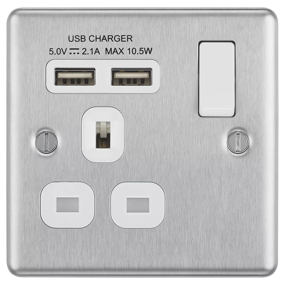LAP 13A 1-Gang SP Switched Socket + 2.1A 2-Outlet Type A USB Charger Brushed Stainless Steel With White Inserts - Image 3