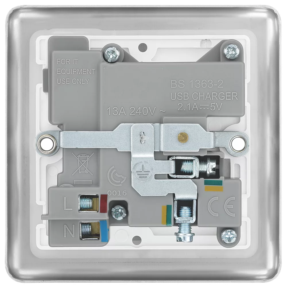 LAP 13A 1-Gang SP Switched Socket + 2.1A 2-Outlet Type A USB Charger Brushed Stainless Steel With White Inserts - Image 4