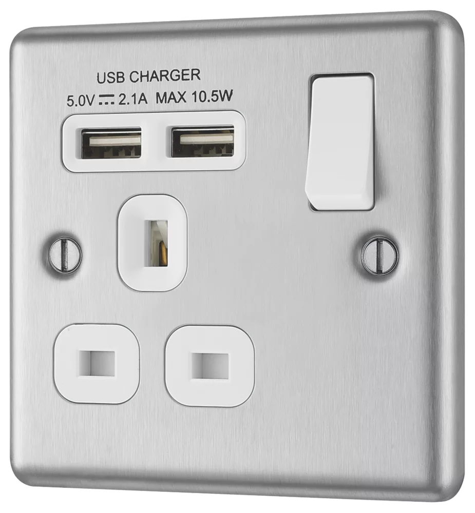 LAP 13A 1-Gang SP Switched Socket + 2.1A 2-Outlet Type A USB Charger Brushed Stainless Steel With White Inserts