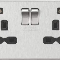 Knightsbridge SFR9904NBC 13A 2-Gang SP Switched Socket + 2.4A 2-Outlet Type A USB Charger Brushed Chrome With Black Inserts