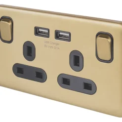 Schneider Electric Lisse Deco 13A 2-Gang SP Switched Socket + 2.1A 2-Outlet Type A USB Charger Satin Brass With Black Inserts