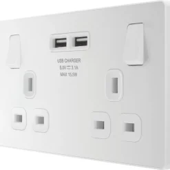 British General Evolve 13A 2-Gang SP Switched Socket + 3.1A 2-Outlet Type A USB Charger Pearlescent White With White Inserts