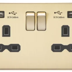 Knightsbridge FPR9224BB 13A 2-Gang SP Switched Socket + 2.4A 2-Outlet Type A USB Charger Brushed Brass With Black Inserts