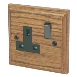 Varilight 13AX 1-Gang DP Switched Plug Socket Medium Oak With Black Inserts