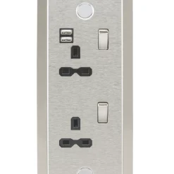 Knightsbridge SKR001A 13A 2-Gang SP Switched Socket + 2.4A 2-Outlet Type A USB Charger Stainless Steel With Black Inserts