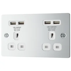 LAP 13A 2-Gang Unswitched Socket + 4.2A 4-Outlet Type A USB Charger Polished Chrome With White Inserts