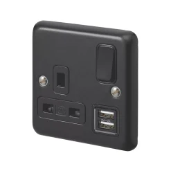 MK Contoura 13A 1-Gang DP Switched Socket + 2A 2-Outlet Type A USB Charger Black With Colour-Matched Inserts