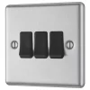 LAP 10AX 3-Gang 2-Way Light Switch Brushed Stainless Steel With Black Inserts