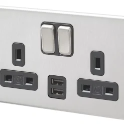 MK Aspect 13A 2-Gang DP Switched Socket + 2A 2-Outlet Type A USB Charger Brushed Stainless Steel With Black Inserts