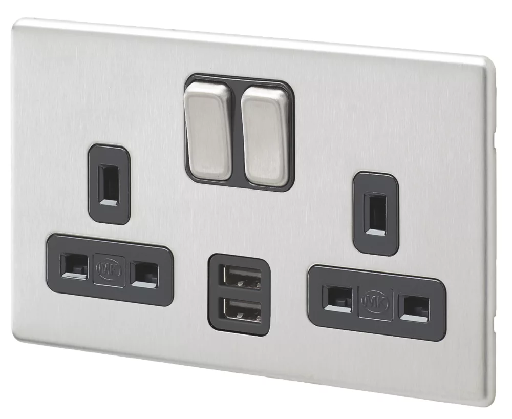 MK Aspect 13A 2-Gang DP Switched Socket + 2A 2-Outlet Type A USB Charger Brushed Stainless Steel With Black Inserts