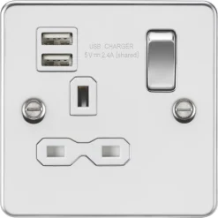 Knightsbridge FPR9124PCW 13A 1-Gang SP Switched Socket + 2.4A 2-Outlet Type A USB Charger Polished Chrome With White Inserts