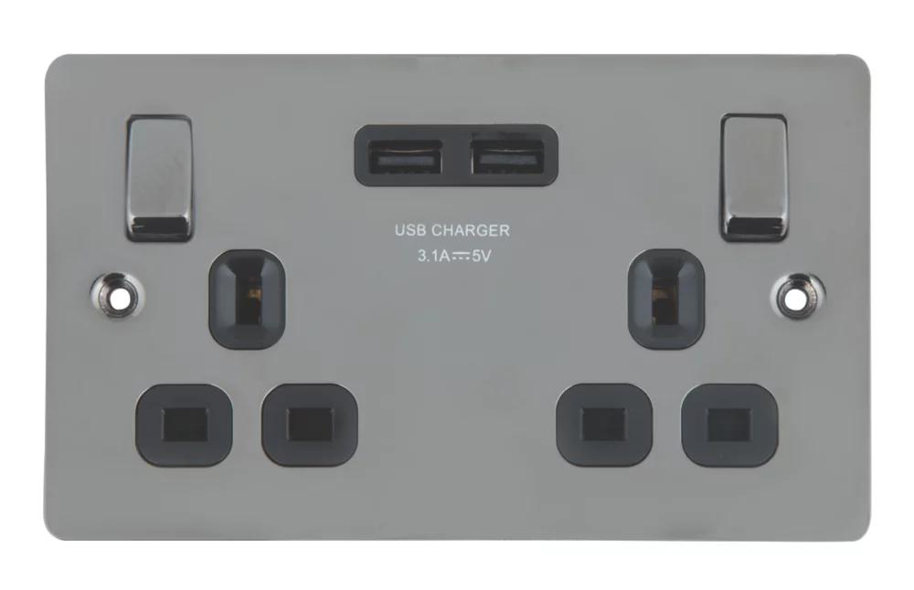 LAP 13A 2-Gang SP Switched Socket + 3.1A 2-Outlet Type A USB Charger Black Nickel With Black Inserts - Image 2