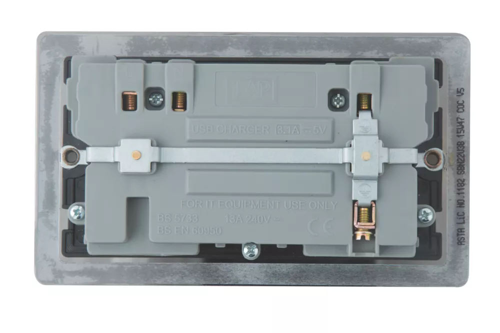 LAP 13A 2-Gang SP Switched Socket + 3.1A 2-Outlet Type A USB Charger Black Nickel With Black Inserts - Image 3