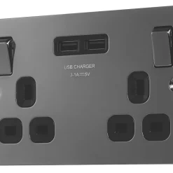 LAP 13A 2-Gang SP Switched Socket + 3.1A 2-Outlet Type A USB Charger Black Nickel With Black Inserts