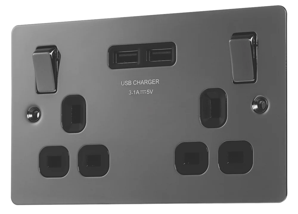 LAP 13A 2-Gang SP Switched Socket + 3.1A 2-Outlet Type A USB Charger Black Nickel With Black Inserts