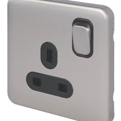 Schneider Electric Lisse Deco 13A 1-Gang DP Switched Plug Socket Brushed Stainless Steel With Black Inserts