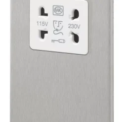 MK Aspect 2-Gang Dual Voltage Shaver Socket 115 / 230V Brushed Stainless Steel With White Inserts